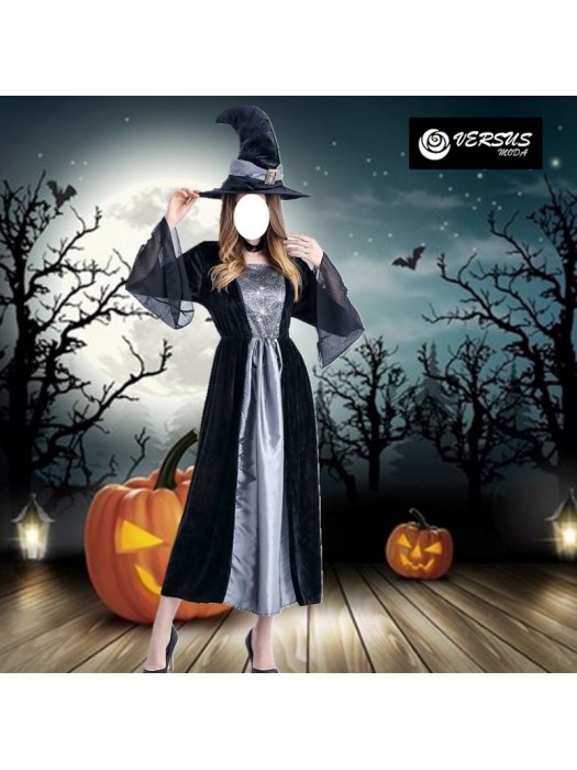 Strega Vestito Carnevale Argento Nero Halloween Cosplay Witch Costume STREGA012